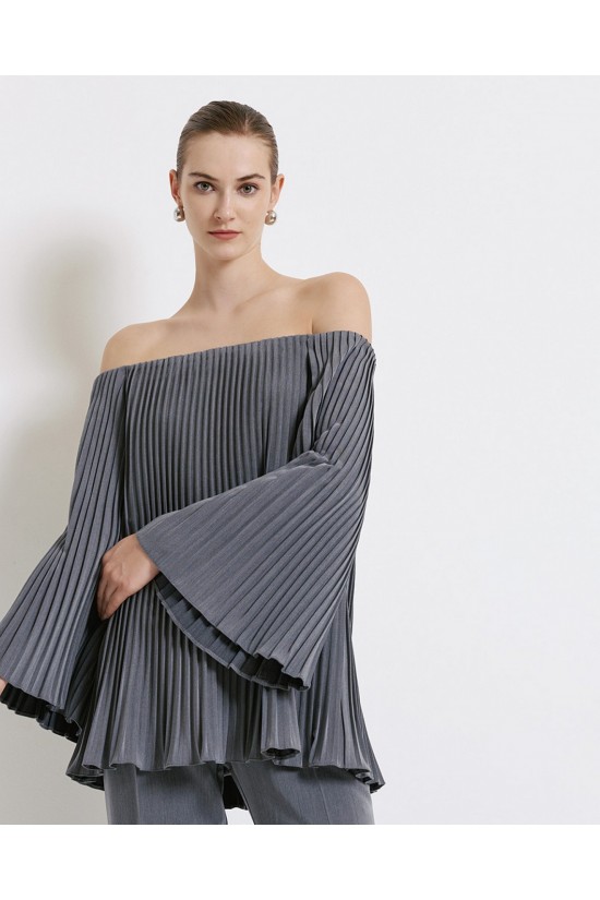 Γυναικεία γκρι πλισέ μπλούζα off-shoulder - Access 44-2131